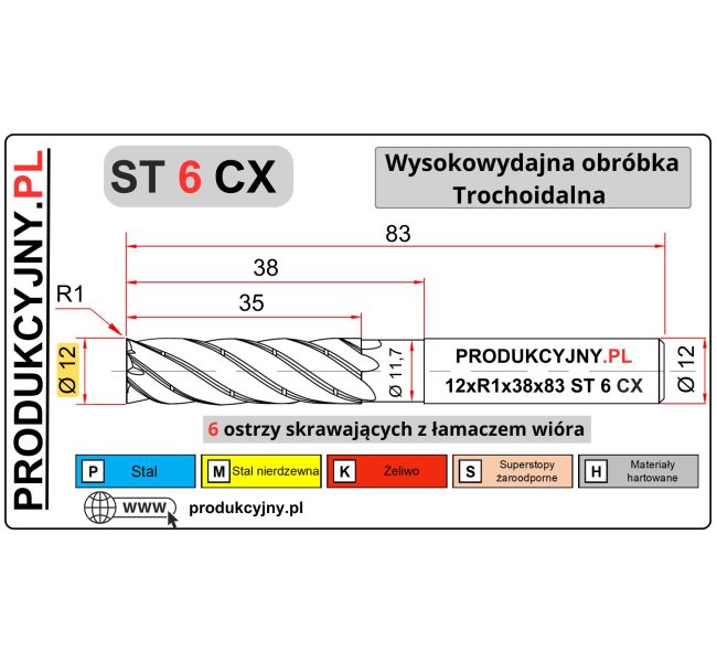 Frez trochoidalny fi 12 R1 ST 6 CX z łamaczem wióra